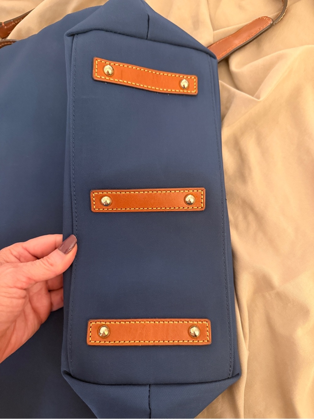 Blue Women's Tote Bag with Brown Trim - Picture 10 of 11